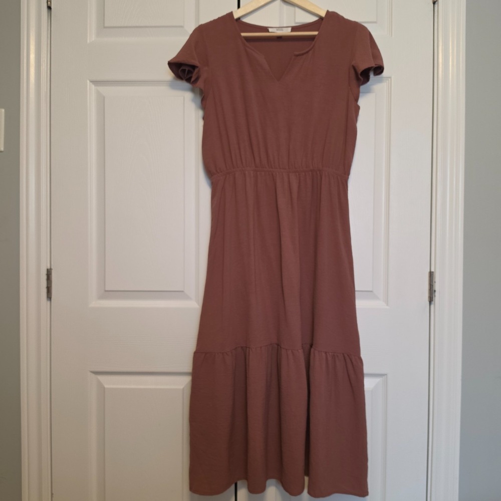 Lucky Brand Mauve Tiered Knit Elasticized Cinched Waist Flowy Maxi Dress Large